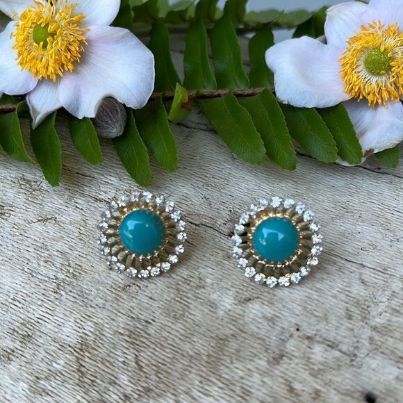 TURQUOISE AND CRYSTAL ROUND EARRINGS - Picture 1 of 4